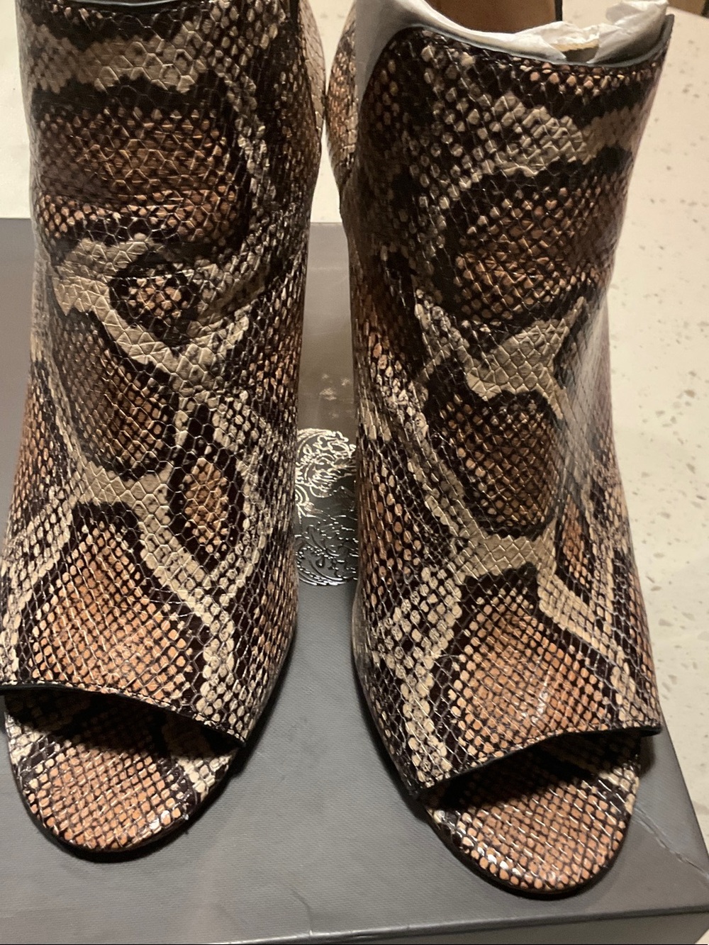 Women's Snake-Print Peep-Toe Ankle Boot in Brown, size 11M